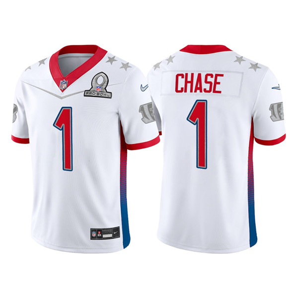 Men’s Cincinnati Bengals #1 Ja’Marr Chase 2022 White AFC Pro Bowl Stitched Jersey
